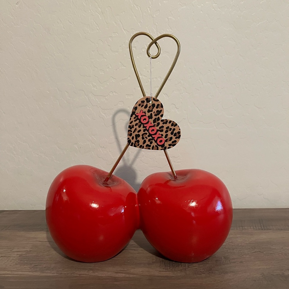 Valentines Day Red Cherries with Gold Heart Shaped Stem Holiday Decor